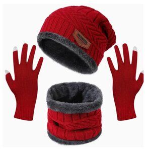 BEANIE KNIT HAT, NECK WARMER SCARF AND GLOVE SET 3PC RED OR BLUE CHOICE